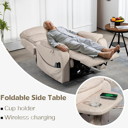 JIKFRIMA Power Lift Recliners Chairs for Elderly Adults Lay Flat Recliner with Heat & Massage, Wireless Charging Device, USB Ports, Cup Holder, Lumbar Pillow, 400Lbs（Grainy Fibric,Oatmeal）