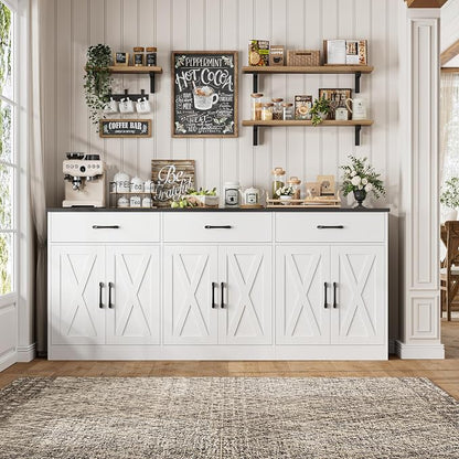 HOSTACK 71" Large Sideboard Buffet Cabinet with Storage, Farmhouse Coffee Bar Cabinet with 3 Drawers, Long Kitchen Buffet Table, Kitchen Sideboard Storage Cabinet for Dining, Living Room, White/Black