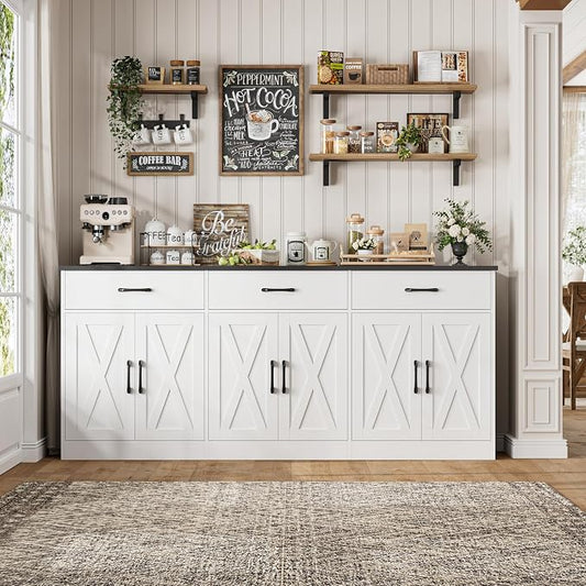 HOSTACK 71" Large Sideboard Buffet Cabinet with Storage, Farmhouse Coffee Bar Cabinet with 3 Drawers, Long Kitchen Buffet Table, Kitchen Sideboard Storage Cabinet for Dining, Living Room, White/Black