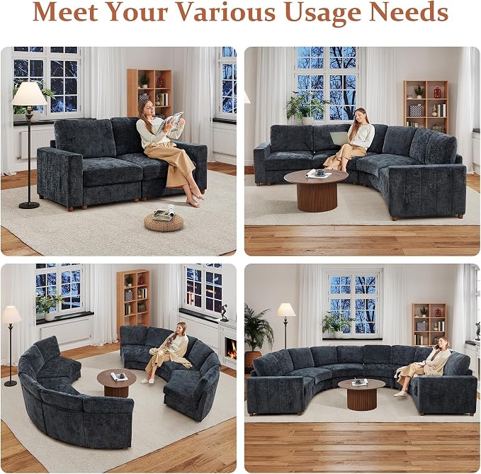ORRD Curved Half Moon Sectional Sofa, Symmetrical Modular Sectional Couch, Boucle Modular Sectional Sofa with Pillows, Chenille Comfy 6 Seat Couch for Living Room, Black Blue