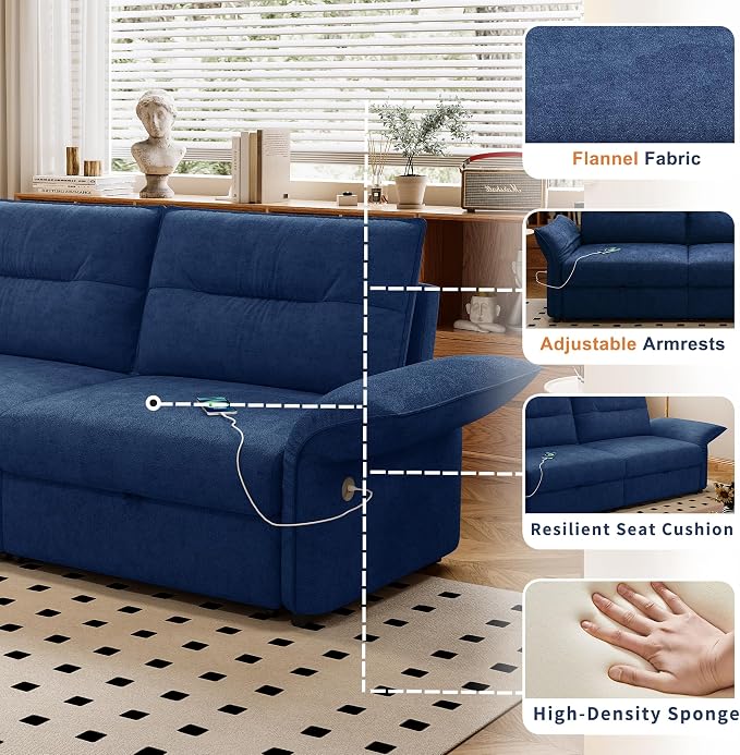 85" Pull Out Sofa Bed Full Size, Pre-Assembled Flannel Sleeper Sofa, Convertible Loveseat Futon Couch, Adjustable Armrest with USB, Pillows, for Apartment, Living Room, Small Spaces, Blue
