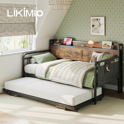 LIKIMIO Twin Daybed, Daybeds with Pop Up Trundle, Storage Headboard with Charging Station, Strong Supports for Apartment and Other Small Space, Industrial Brown