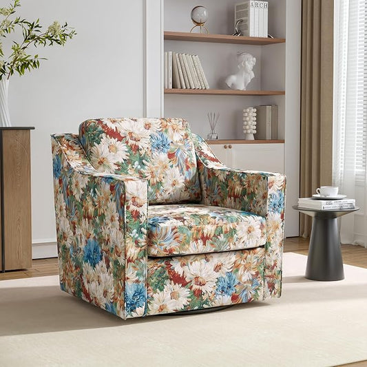 Swivel Accent Chair, 360° Swivel Upholstered Club Armchairs for Living Room, Comfy Fabric Single Sofa Reading Chair with Deep Seat, Metal Swivel Base, Orange Blooms