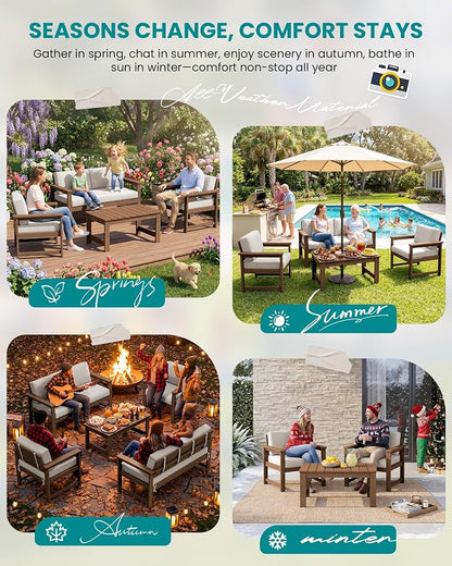 SERWALL 3 Pieces HDPE Outdoor Sofa Bistro Set with Cushion, Patio Outdoor Furniture Sofa Sets with Porch Chairs and Coffee Table, Brown Frame/Khaki Cushion