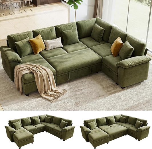 107.8" Modular Sectional Sleeper Sofa with Pull Out Bed, U Shaped 7 Seat Couch with 221L Storage, Convertible Cloud Couch Bed with Ottoman, Sectional Couches for Living Room, Apartment (Green)