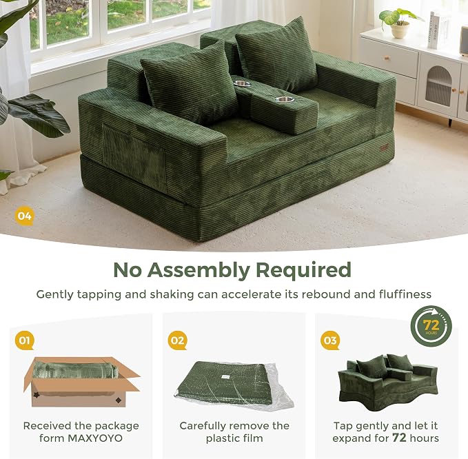 MAXYOYO Loveseat Sofa Bed, 64" Foldable Floor Sofa Couch in A Box with 2 Cup Holders, 4 in 1 Convertible Boneless Couch Folding Recliner Chair for Living Room, No Assembly Required, Green