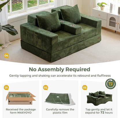 MAXYOYO Loveseat Sofa Bed, 64" Foldable Floor Sofa Couch in A Box with 2 Cup Holders, 4 in 1 Convertible Boneless Couch Folding Recliner Chair for Living Room, No Assembly Required, Green