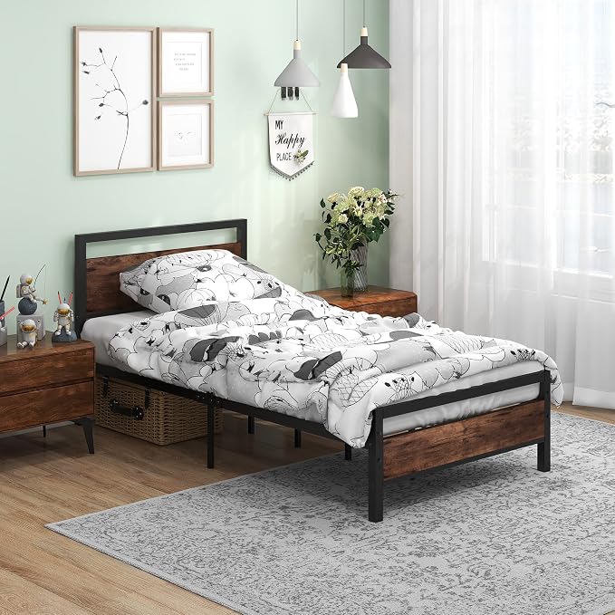 BOFENG Twin Size Bed Frame with Vintage Wood Headboard Farmhouse Bed,Heavy Duty Metal Platform Single Bed Frames No Box Spring Needed,Firm Mattress Foundation Steel Slat Support Easy Assembly(Brown)