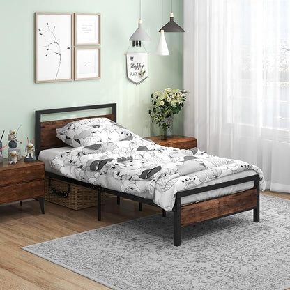 BOFENG Twin Size Bed Frame with Vintage Wood Headboard Farmhouse Bed,Heavy Duty Metal Platform Single Bed Frames No Box Spring Needed,Firm Mattress Foundation Steel Slat Support Easy Assembly(Brown)