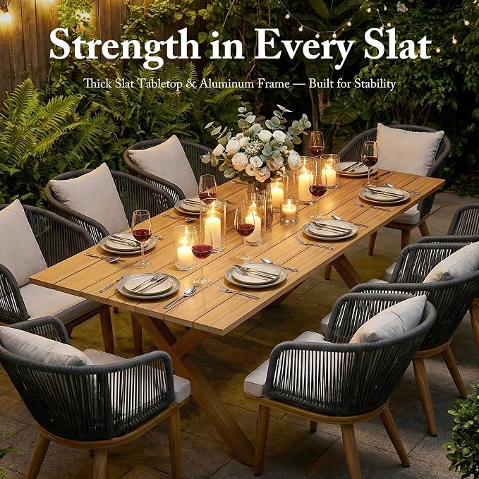 PURPLE LEAF 11 Pieces Patio Dining Set Wicker Outdoor Furniture Rectangular Table and Chairs Set for Garden Deck Teak-Finish Aluminum Frame Backyard Kitchen Set, Cushions and Pillows Included