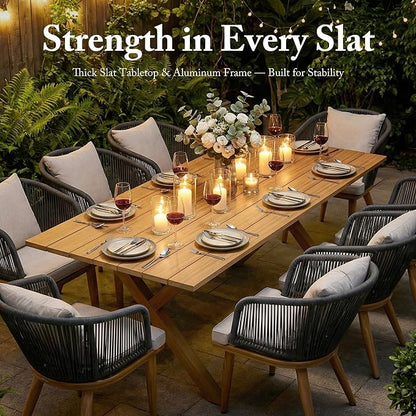 PURPLE LEAF 9 Pieces Patio Dining Set Wicker Outdoor Furniture Rectangular Table and Chairs Set for Garden Deck Teak-Finish Aluminum Frame Backyard Kitchen Set, Cushions and Pillows Included