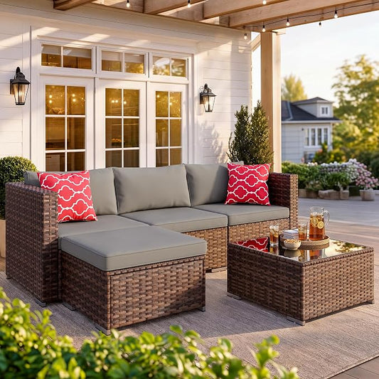 Qsun Outdoor Patio Sofa Set PE Wicker Rattan Sectional Conversation Sofa with a Glass Coffee Table for Backyard Porch Poolside Patio(Brown Rattan, Grey Cushion)