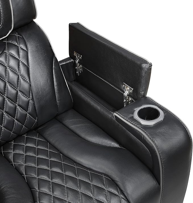 Lexicon Power Double Reclining Sofa, Center Drop-Down Table with Heat/Massage/Headrest/Storage Arms/Cup Holders/LED Lights/Wireless Charging, Top Grain Leather Match Wall Hugger Recliner Sofa, Black
