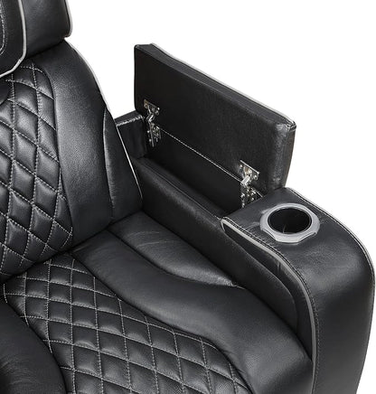 Lexicon Power Double Reclining Sofa, Center Drop-Down Table with Heat/Massage/Headrest/Storage Arms/Cup Holders/LED Lights/Wireless Charging, Top Grain Leather Match Wall Hugger Recliner Sofa, Black