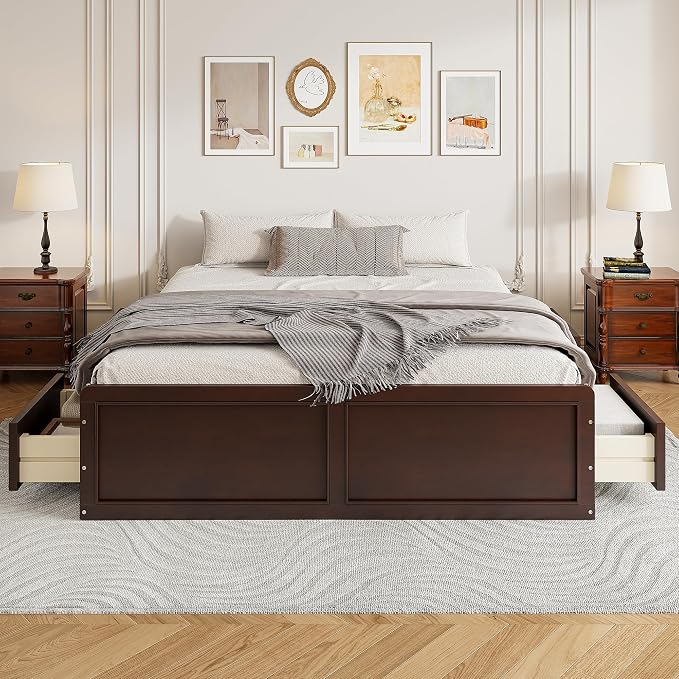 Merax Wood Queen Size Platform Bed Frame with 6 Drawers, Storage Bed Frame Without Headboard for Kids Teens and Adults, Espresso