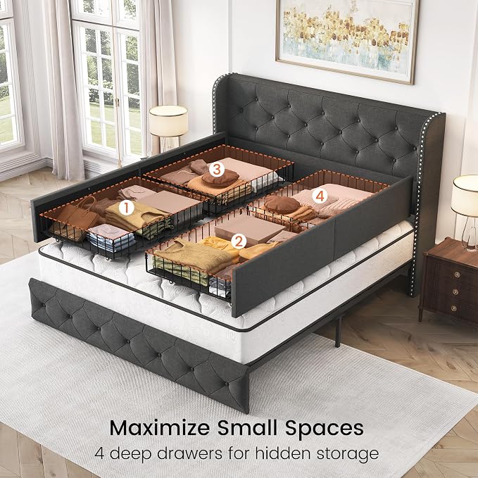 LARMACE Full Size Bed Frame with 4 Storage Drawers and 47.2" Tall Wingback Headboard Linen Upholstered Platform Bed Frame Tufted Beds with Wooden Slats Support, Easy Assembly, Dark Grey