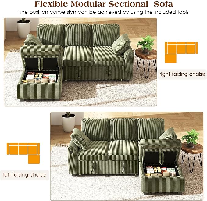 Ihanherry 81-inch Corduroy Modular Sectional Sofa Bed with Storage Ottoman & USB Port, Reversible 3-Seater L-Shaped Sleeper Sofa, Left or Right Fasing Chaise for Living Room（Green）