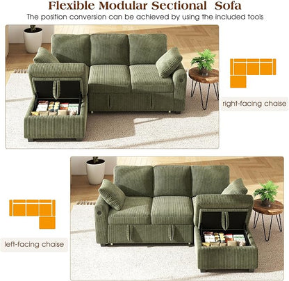 Ihanherry 81-inch Corduroy Modular Sectional Sofa Bed with Storage Ottoman & USB Port, Reversible 3-Seater L-Shaped Sleeper Sofa, Left or Right Fasing Chaise for Living Room（Green）