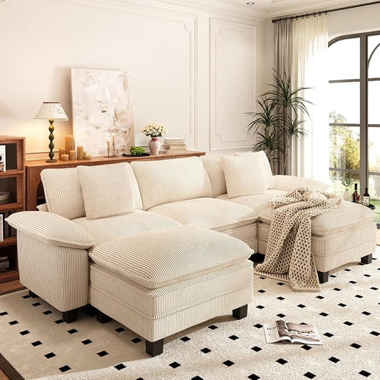 PHI VILLA Cloud Modular Couch Sets, 123.6" Oversized Sectional Sofa with U-Shaped Chaise, 5-Seater Couches with 2 Movable Ottomans for Living Room, Corduroy Beige