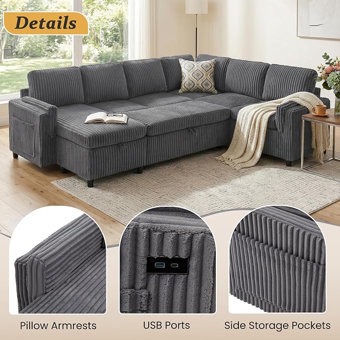 Sectional Sleeper Sofa with Pull Out Bed, 7 Seats U Shaped Modular Sectional Sofa with Storage, USB Ports, Cup Holders, Plush Corduroy Cloud Sectional Couches for Living Room, Dark Grey