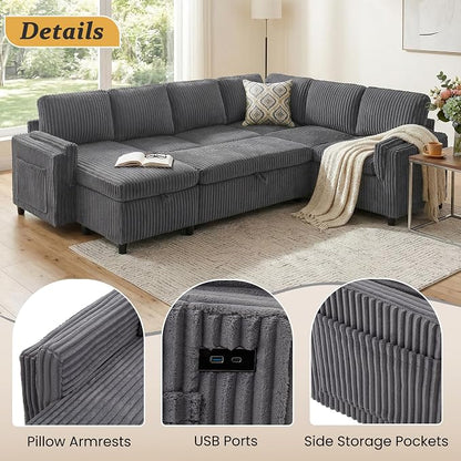 Sectional Sleeper Sofa with Pull Out Bed, 7 Seats U Shaped Modular Sectional Sofa with Storage, USB Ports, Cup Holders, Plush Corduroy Cloud Sectional Couches for Living Room, Dark Grey