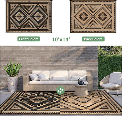 GENIMO Outdoor Rug for Patio Clearance - 10x14 ft Waterproof Plastic Camping Rugs, Reversible Outside Rv Mat Carpet for Porch, Deck, Picnic, Balcony, Beach, Backyard, Black Brown