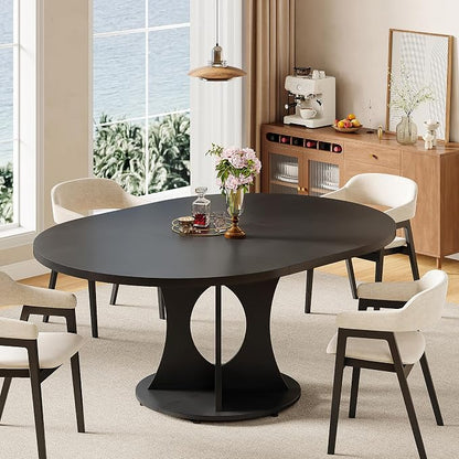 iPormis 43.3-59 Inch Extendable Round Dining Table for 6-8 People, Oval Dinner Table with Adjustable Top and A Stable Round Pedestal Base, Space Saving Wooden Kitchen and Dining Table, Black
