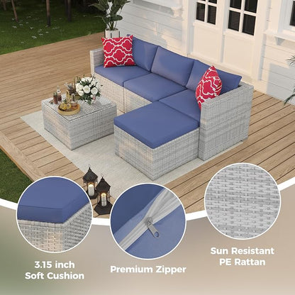 5 Piece Outdoor Patio Furniture Set, Rattan Deck Conversation Sofa Set with Non-Slip Cushions, All-Weather Sectional Sofa with Glass Storage Table and Balcony Footstool, Poolside, Garden, Gray+Blue