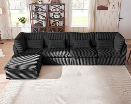 154" Oversized Corduroy Couch Modular Sectional Sofa, Washable Cloud Couch Sectional with Ottoman, 5 Seater Sectional Couches for Living Room, Fully Cover Removable, L Shaped, Corduroy, Black