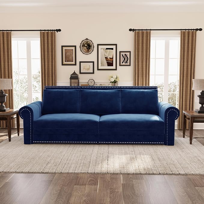 93.7" King Pull Out Sofa Bed, Velvet Sleeper Sofa Couch, 3 in 1 Convertible Futon Couches for Living Room, Small Space, Apartment, Office, Bedroom, Modern Rivet Armrest, Blue