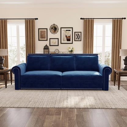93.7" King Pull Out Sofa Bed, Velvet Sleeper Sofa Couch, 3 in 1 Convertible Futon Couches for Living Room, Small Space, Apartment, Office, Bedroom, Modern Rivet Armrest, Blue