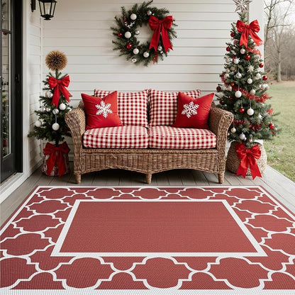 GENIMO 5' x 8' Outdoor Rug Waterproof for Patio Decor, Foldable Reversible Plastic Straw Area Rugs Mat for Camper, Outside Carpet for Rv, Deck, Porch, Picnic, Beach, Balcony, Red & White