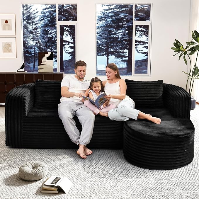 Hobestluk Modular Sectional Sofa Couches L-Shape Couch 3 Seat Modular Sofa Memory Foam Sectional Couches for Living Room, Cloud Couch (Round Black, 96", Right Hand Facing)