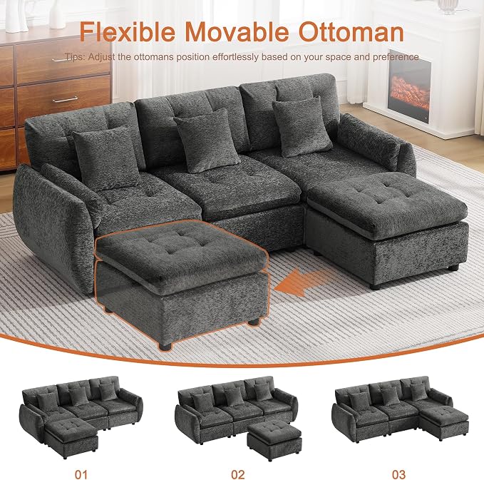 84" L Shaped Modular Sectional Cloud Sofa with Ottoman, Deep Seat Tufted Chenille 4-Seater Couch with Curved Arms, Dark Grey
