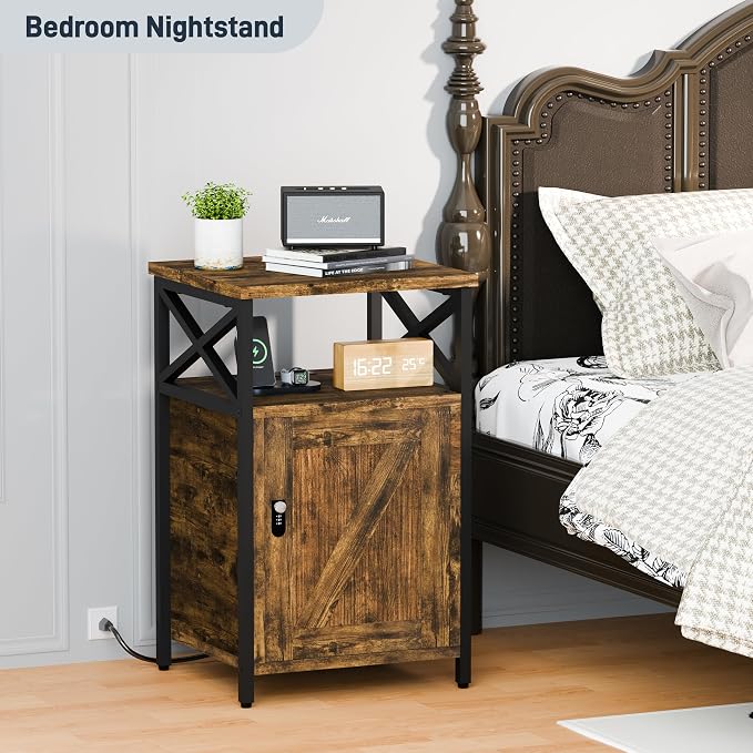 Night Stand Set 2, Bedroom Nightstands, Matching Bedside Table, Retro Brown | Lock and Charging Station, USB C Port, Large Lockable Storage Cabinet, End Tables with Door, Metal and Wood Bed Side Tables