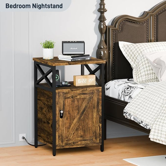 Night Stand Set 2, Bedroom Nightstands, Matching Bedside Table, Retro Brown | Lock and Charging Station, USB C Port, Large Lockable Storage Cabinet, End Tables with Door, Metal and Wood Bed Side Tables