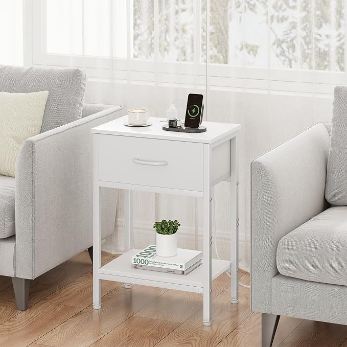 Vagusicc White Nightstand with Charging Station, End Table with Fabric Drawer, Small Side Table with 2-Tier Storage Shelves, 25.4" Tall Bedside Table, White Night Stand for Bedroom, Living Room, Dorm