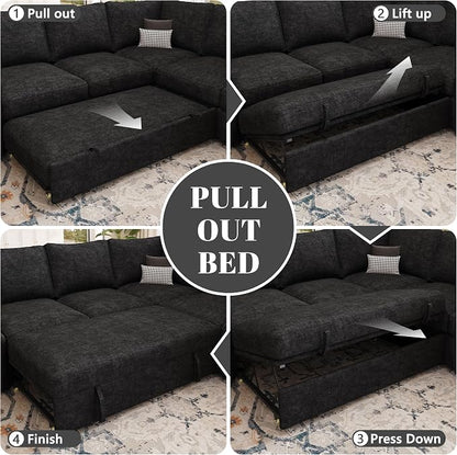 85 Inch Modular Sectional Sofa with Pull Out Bed, L Shaped 5 Seat Sectional Sleeper Sofa with Storage, Sectional Couches for Living Room, Cloud Modular Couch,Removable Sofa Cover, Black