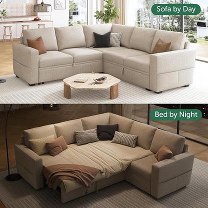 HONBAY Modular Sectional Sleeper Sofa with Pull Out Bed, L Shaped Couch with Storage Seat, Convertible Sectional Couches for Living Room, Beige