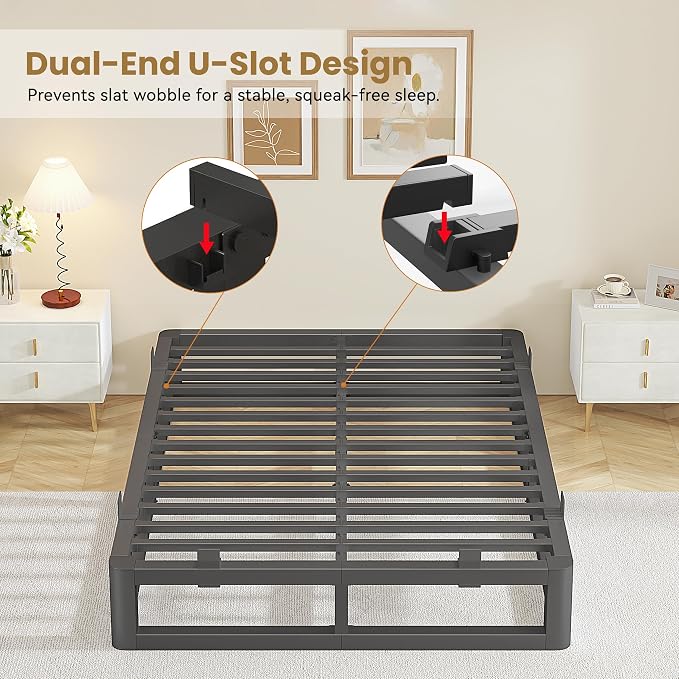 10 Inch California King Bed Frames with Rounded Corner and Squeak Free U-Slot Design, Metal Platform Bed Frames 6 Non-Slip Guards, 3500lbs Heavy Duty Steel Slat Support, No Box Spring Needed