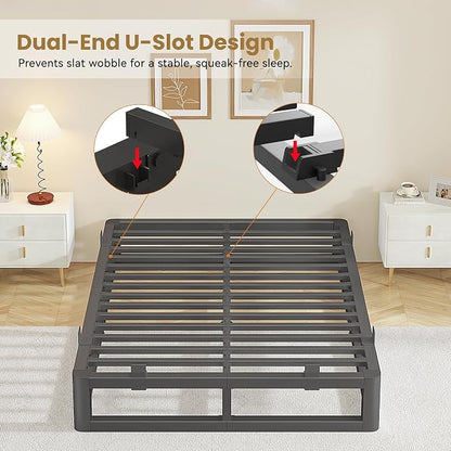 10 Inch Queen Bed Frame with Rounded Corner and Squeak Free U-Slot Design, Metal Platform Bed Frames 6 Non-Slip Mattress Grippers, 3500lbs Heavy Duty Steel Slat Support, No Box Spring Needed