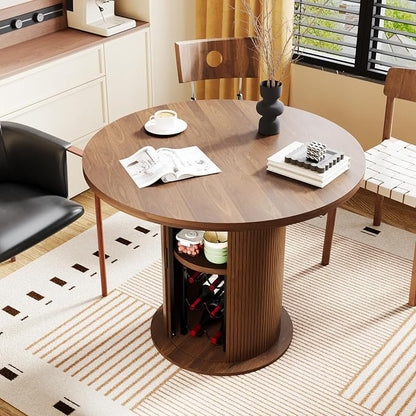 Dining Table for 4, 31“ Round Dining Room Kitchen Table with 2-Tier Storage Shelf & Wine Rack, Fluted Wood Table with Slide Door, Wood Oval Dinner Furniture(Walnut-Non Extensible, 31 Inch)