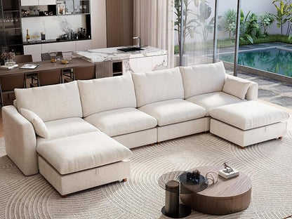 Ihanherry 152" Oversized Modular Sectional Sofa, Modern U Shaped Cloud Couch with 2 Storage Ottoman, 6-Seat Comfy Chenille Deep Seat Sofa with 2 Pillows for Living Room, Beige