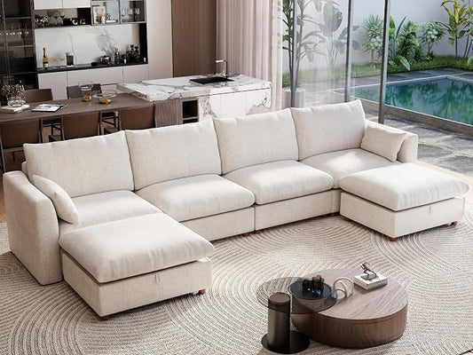 Ihanherry 152" Oversized Modular Sectional Sofa, Modern U Shaped Cloud Couch with 2 Storage Ottoman, 6-Seat Comfy Chenille Deep Seat Sofa with 2 Pillows for Living Room, Beige