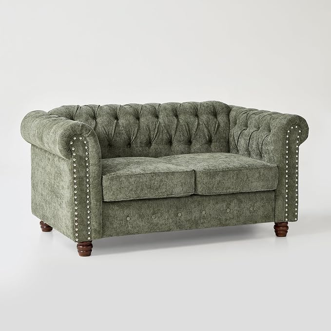 Modern Chesterfield 2-Piece Chenille Sofa & Loveseat Combo, Tufted Couch and Love Seat with Rolled Arms Nailhead Trim and Solid Wood Legs Traditional Upholstered Sofa Set for Living Room Home Green