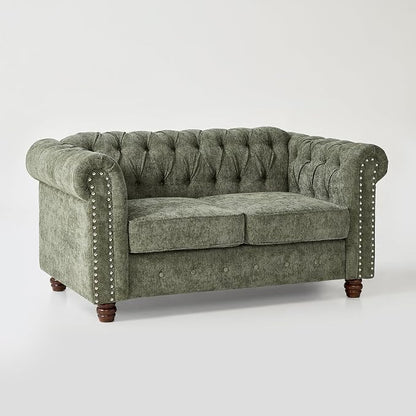 Modern Chesterfield 2-Piece Chenille Sofa & Loveseat Combo, Tufted Couch and Love Seat with Rolled Arms Nailhead Trim and Solid Wood Legs Traditional Upholstered Sofa Set for Living Room Home Green