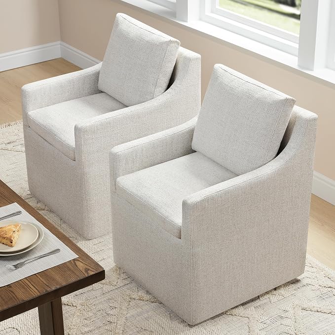 KISLOT Upholstered Dining Chairs Set of 2, Modern Dining Room Chairs with Casters & Washable Cover, Rolling Accent Chair with Comfy Backrest for Kitchen, Farmhouse, Living Room, Cream Beige, 2 Box