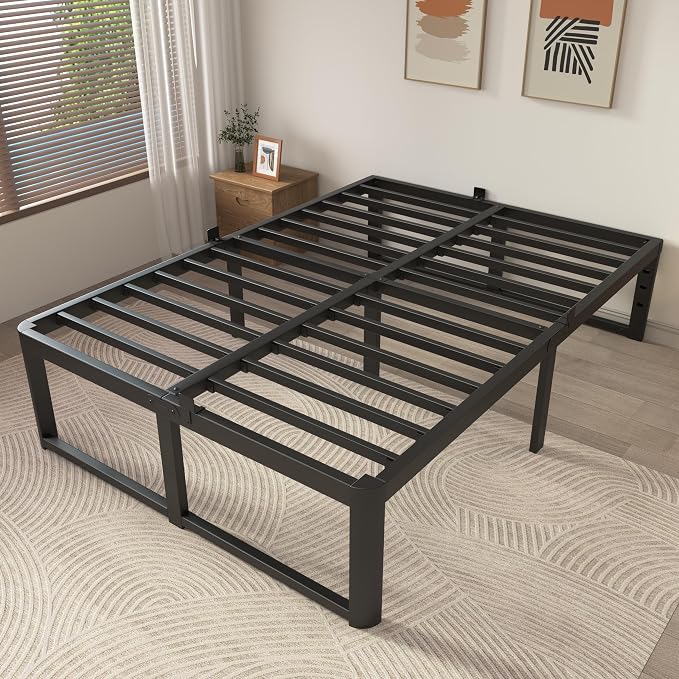 ZTH King Size Metal Platform Bed Frame 16 in, No Box Spring Needed, Black | Heavy duty support, Underbed storage, Noise-free design, Anti-slip clips, Rounded legs, Easy assembly, Headboard compatible
