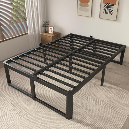 ZTH King Size Metal Platform Bed Frame 16 in, No Box Spring Needed, Black | Heavy duty support, Underbed storage, Noise-free design, Anti-slip clips, Rounded legs, Easy assembly, Headboard compatible