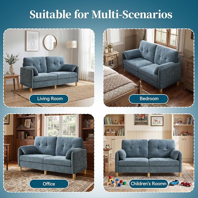 65" Loveseat Sofa, Mid Century Loveseat Couch for Living Room with Storage Pockets, Upholstered Small Loveseat for Small Spaces, Bedroom, Home Office, Apartments, Small Sofa Chenille Navy Blue